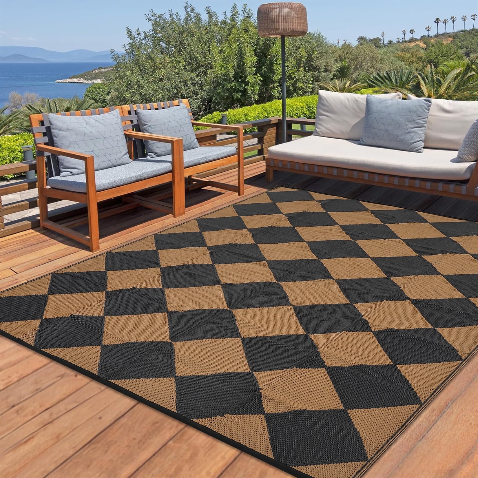 Twister.CK Outdoor Rug 9'x18' Waterproof Patio Rug, Reversible Lightweight Plastic Carpet for Deck Balcony Porch Decor, Black and Brown