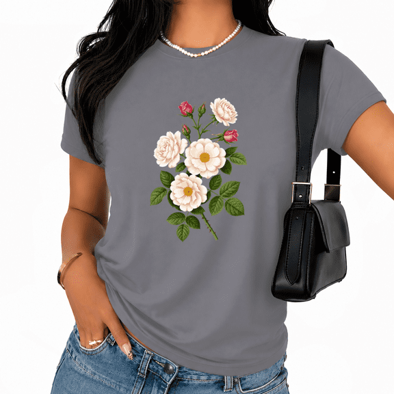 Cozymy Minimalist Flower Illustration Crewneck Shirt Women's Trendy Spring Summer Top