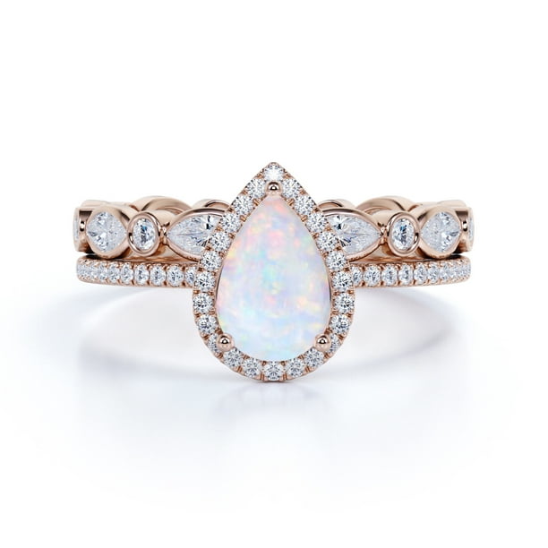 JeenMata - 1.75 ct Halo Pear Shaped Fire Opal and Moissanite Engagement ...