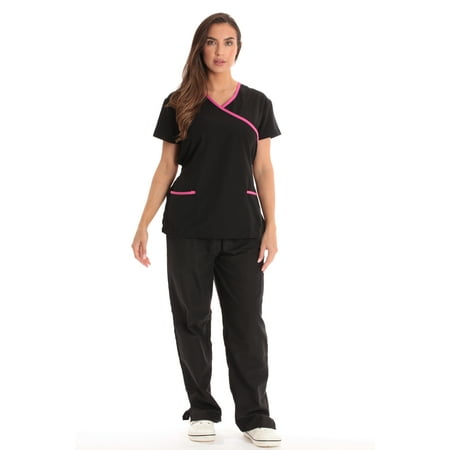 

Just Love Women s Medical Scrub Sets with Tie-Back - Comfortable and Durable Scrubs (Black Pink X-Small)