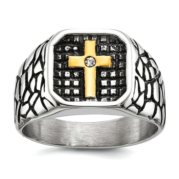 11mm Stainless Steel Oxidized and Polished Yellow Ip With Cubic Zirconia Religious Faith Cross Signet Ring Size 10 Ring