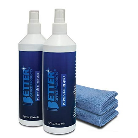 Screen Cleaner Spray Kit  2 Pack - 2 Spray Bottles (Each 16.9 oz/Total 33.8 oz) with 2 Extra-Large Microfiber Cleaning Towels  by Better Office Products  for Computers  iPhones  TV/LED/LCD Screens