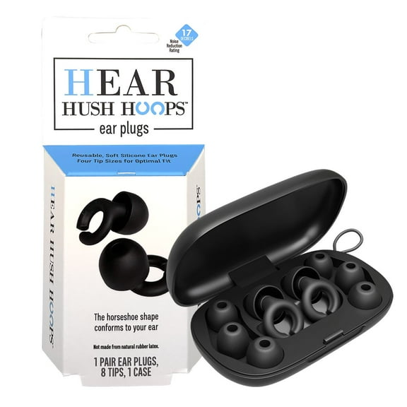 Hear Hush Hoops Reusable Soft Silicone Ear Plugs, 17dB Noise Reduction Rating, Case Included, Black