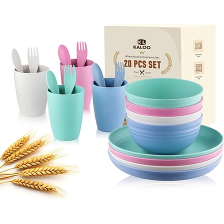 Wheat Straw Dishes Dinnerware Sets, Kaloo 20pcs Lightweight Unbreakable Dish Set, Microwave and Dishwasher Safe, Reusable Kids and Toddler Plates and Bowls Sets