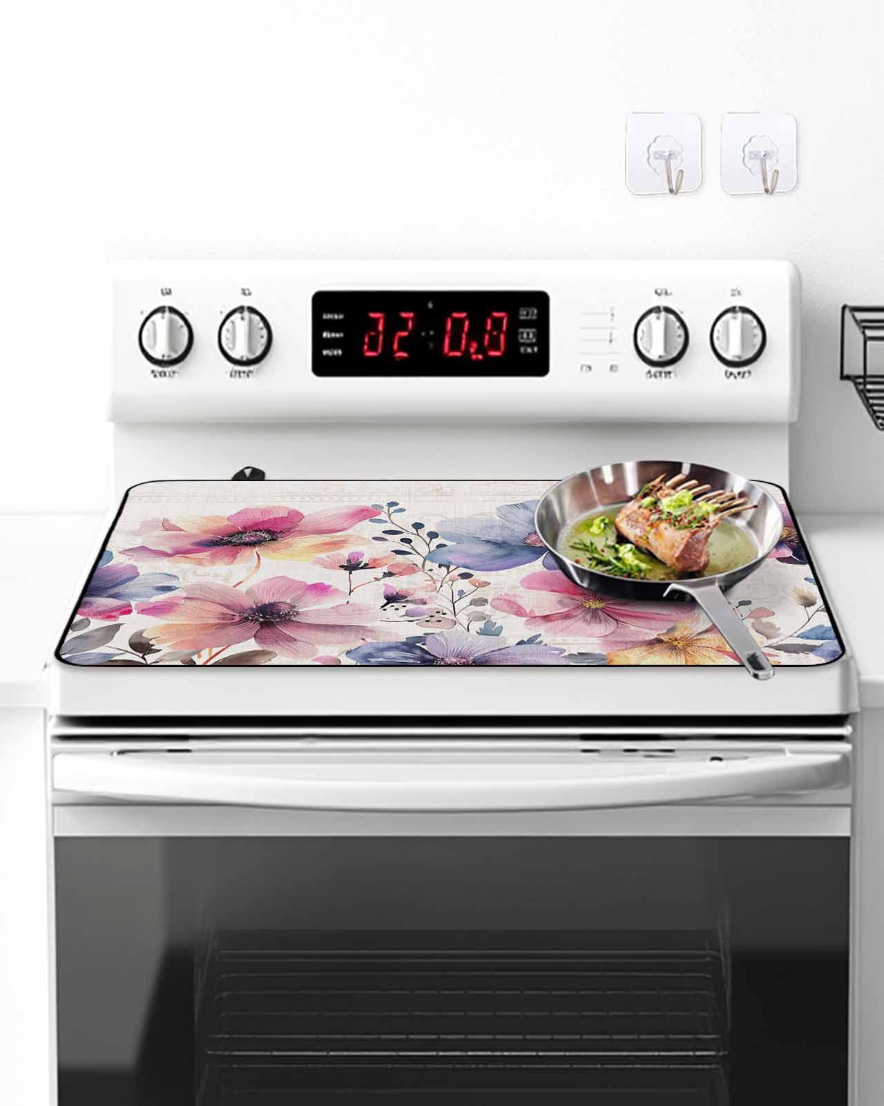 Stove Top Covers for Electric Stove, Pink Blue Spring Floral Glass Stovetop Cover Protector, Vintage Summer Botanical Rustic Induction Cooktop Protector Oven Mat for Kitchen Countertop 24"x21"