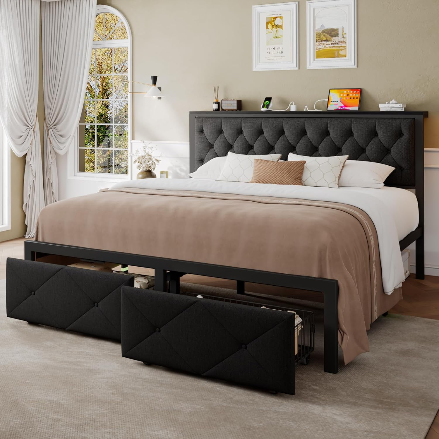 Honfach King Bed Frame with 2 Storage Drawers, Linen Upholstered Headboard Platform Bed with Charging Station, No Box Spring Needed, Noise-Free, Easy Assembly,Black