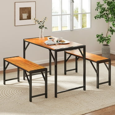 Gymax 3 PCS Dining Set for 4 People Outdoor Picnic Table & 2 Benches w/ Metal Frame
