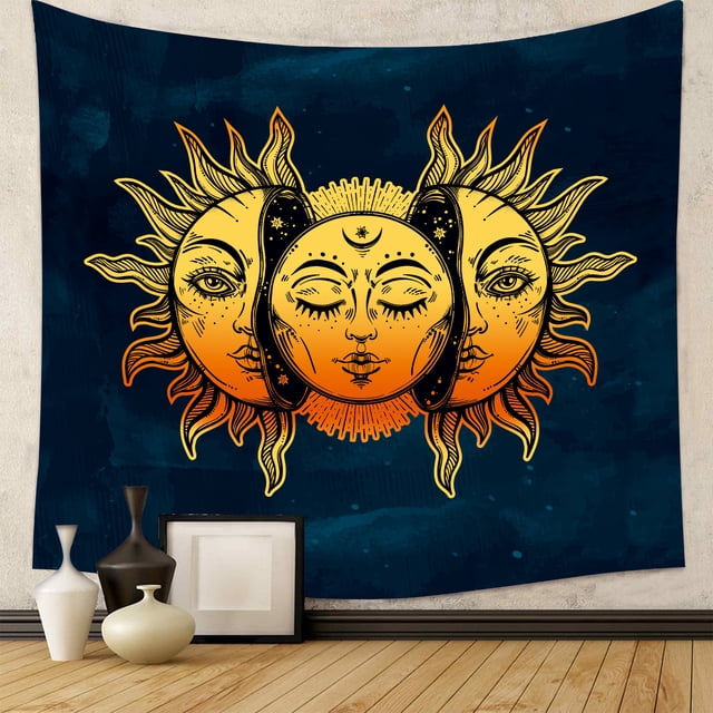 Tapiz Místico Psicodélico de Sol y Luna Ardientes 150x130cm