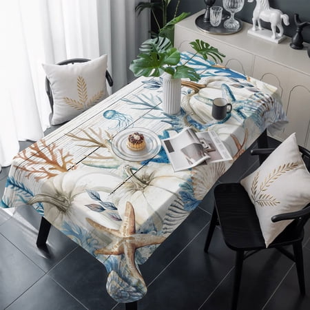 Coastal Fall Table Cloth Waterproof Tablecloths, White Pumpkin Thanksgiving Coral Starfish Tablecloth Dining Table Cover for Kitchen Party Tabletop Outdoor, Rectangle Tablecloth 60x120 Inch