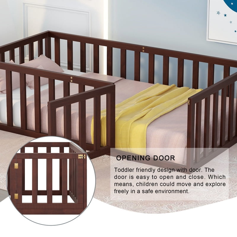 Twin Size Wood Floor Bed with Door & Fence, Montessori Bed Frame with Full Length Safety Guardrails, Wood Twin Bed with Slats, No Box Spring Needed-Walnut