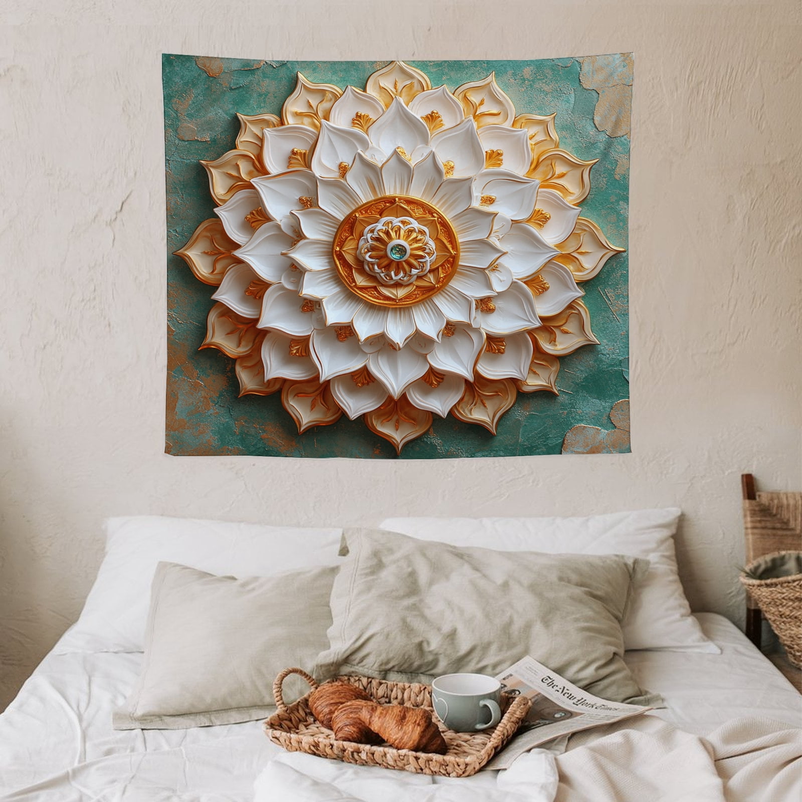 Printed Mandala Lotus Tapestry Wall Hanging – Boho Wall Art Decor for Bedroom, Living Room, and Apartment