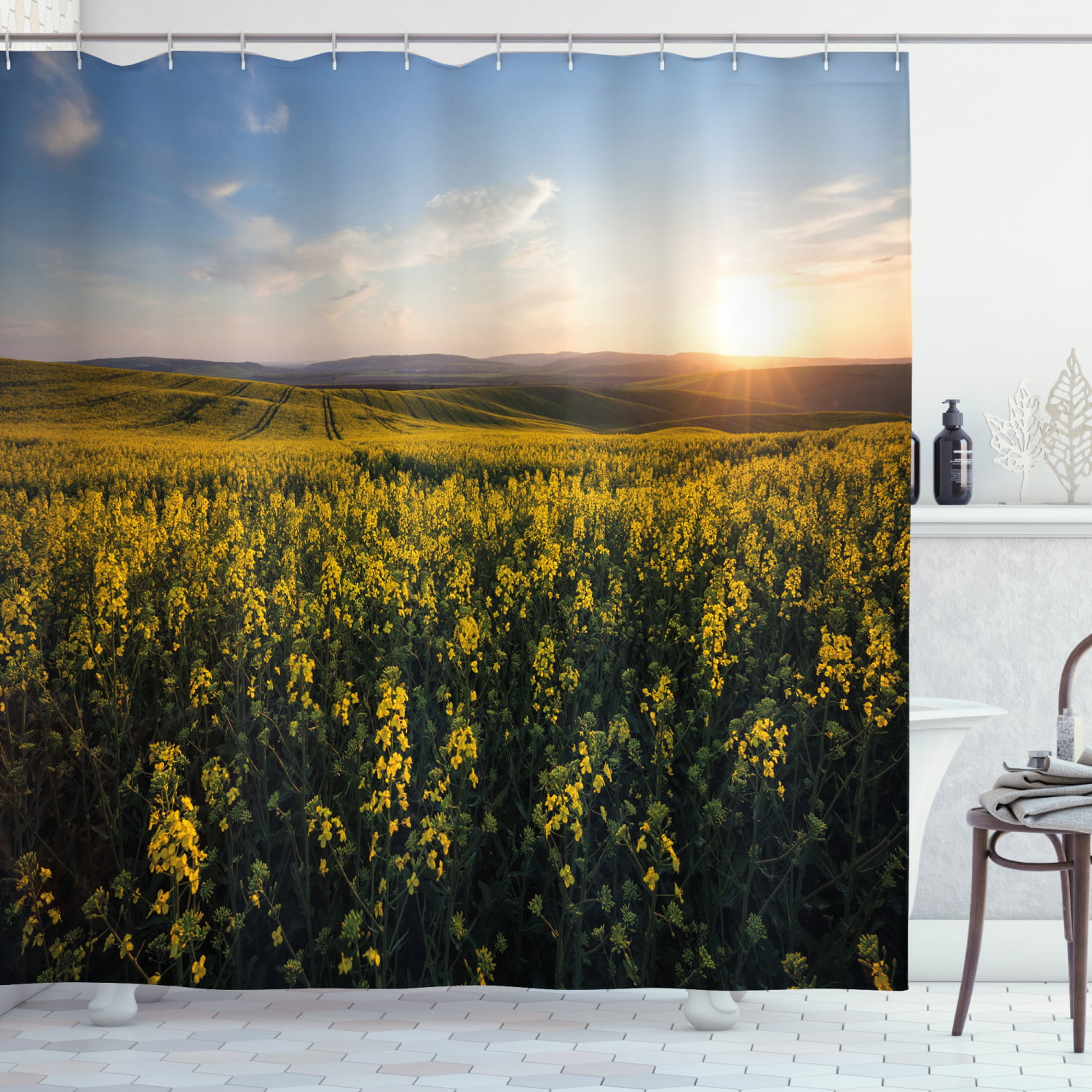 Spring Farmland Wildflowers Cottage Sunrise Shower Curtain Set Bathroom Decor