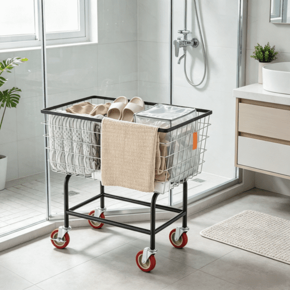 Wire Laundry Cart, 2.8 Bushel Wire Laundry Basket with Wheels, 26.7" x 21.7" x 26.4" Commercial Grade