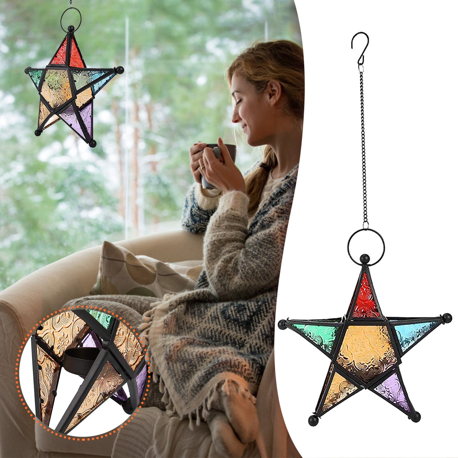Moroccan Hanging Star Lantern Iron Style Colorful Glass Lantern