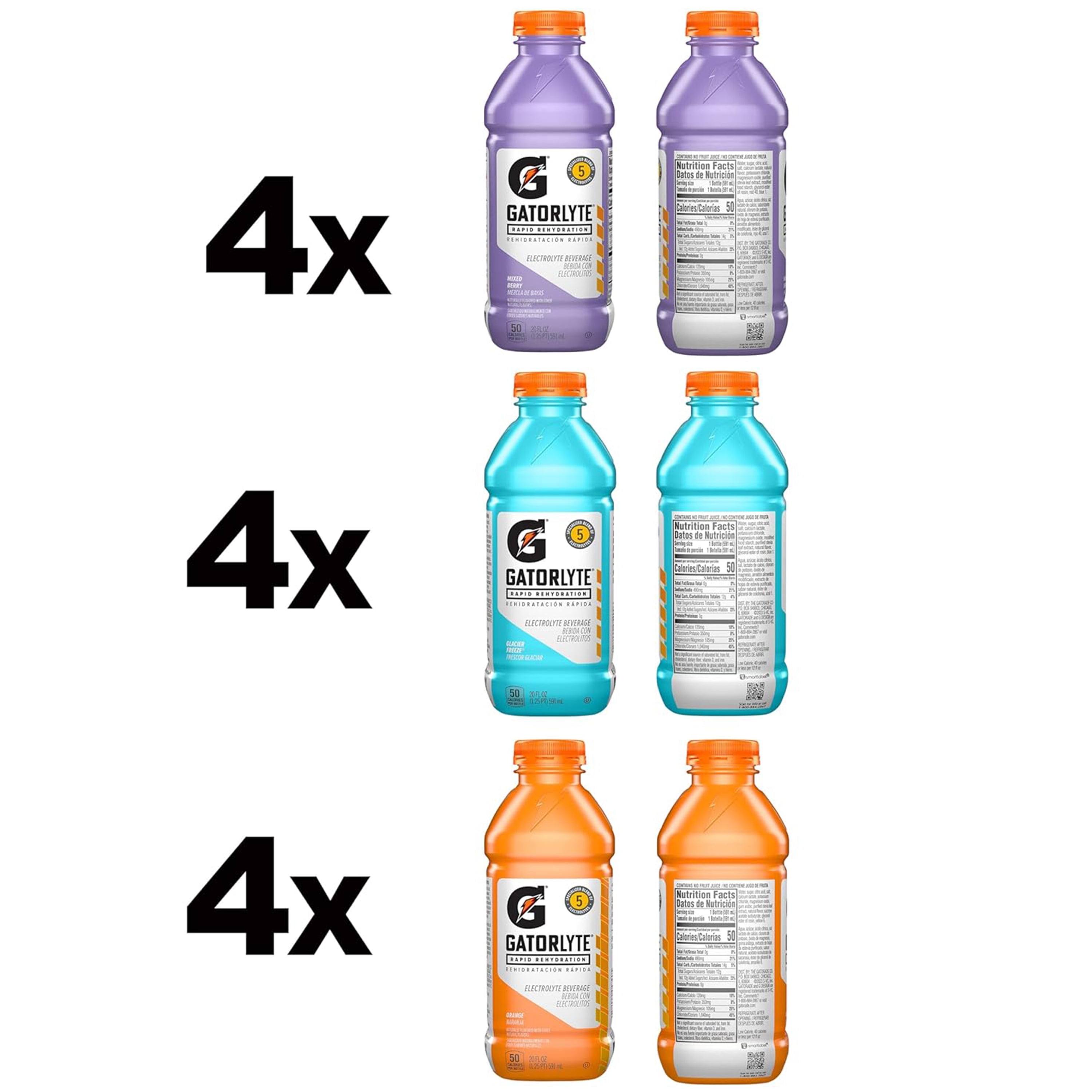 Gatorlyte Rapid Rehydration Electrolyte Beverage, 3 Flavor Variety Pack, 20 fl oz (Pack of 12)