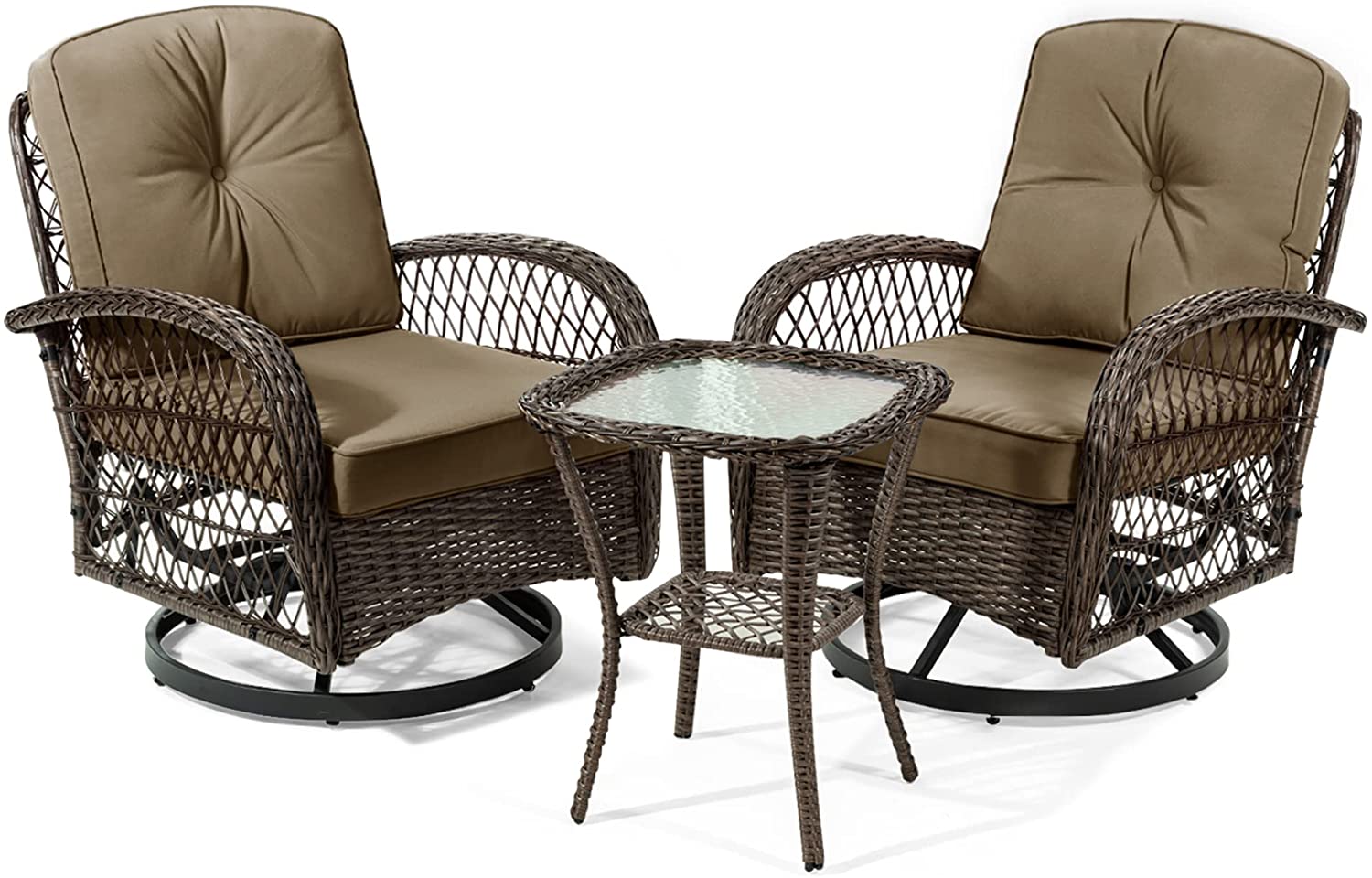 Amolife 3 Pieces Wicker Patio Furniture Set, Bistro Set with Outdoor Swivel Rocking Chair and Coffee Table, Khaki - image 2 of 9