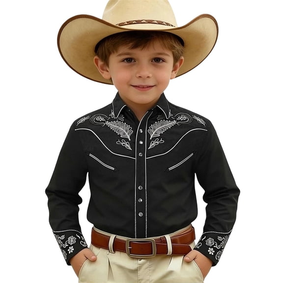 FYDUU Fashion Boys Shirts Western Cowboy Shirt Long Sleeve Button Down Shirts Fashion Casual Tops For Kids Holiday Party Outfit 4-5 Years