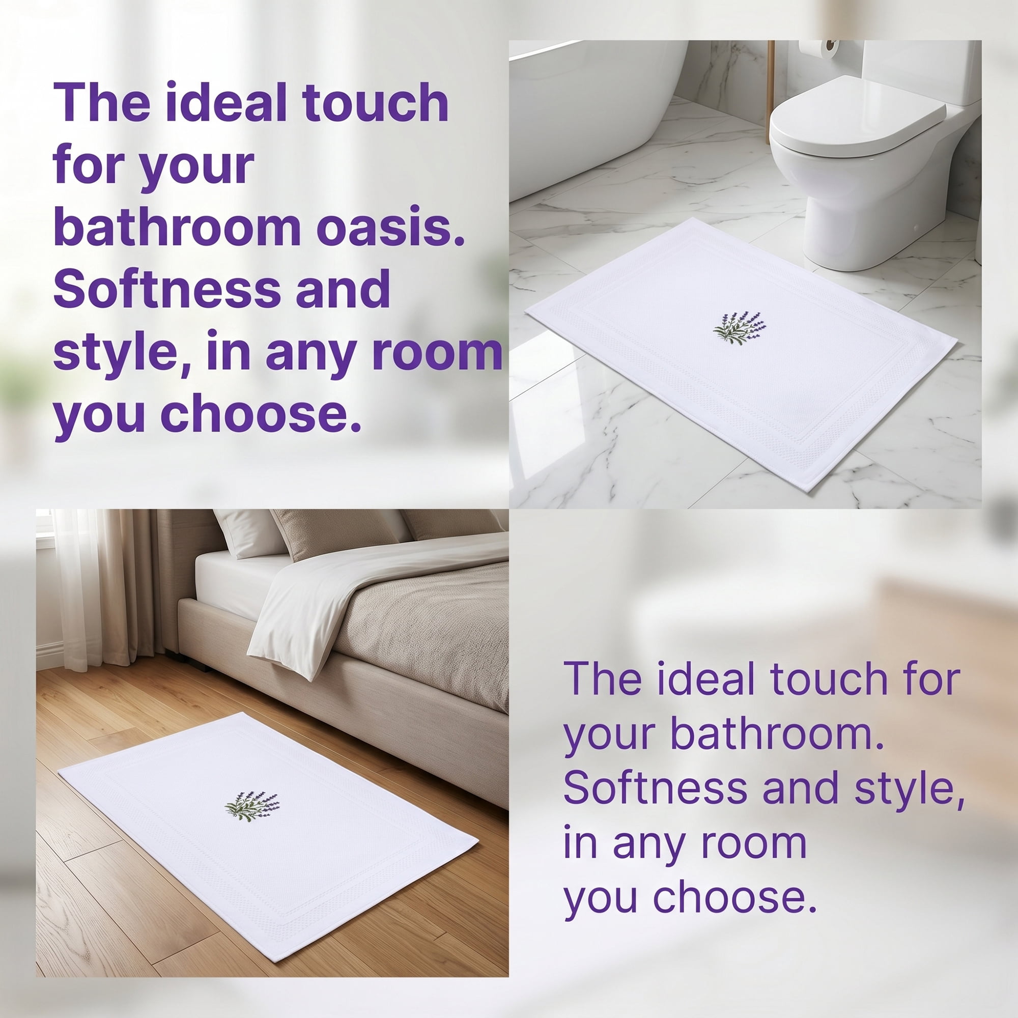 Unique Bargains Cotton Bathroom Absorbent Lavender Embroidered Washable Mat White 24"x16"