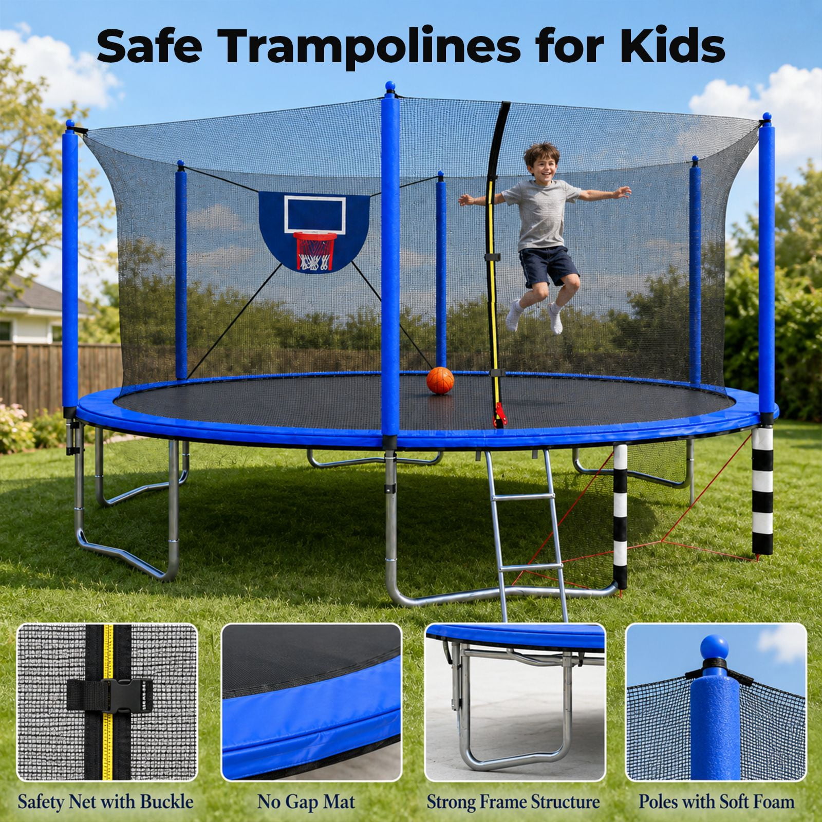 Alvantor 16Ft Trampoline for Kids & Adults, Round Trampoline with Enclosure Net,Basketball Hoop,Soccer Goal and Ladder for Backyard Blue