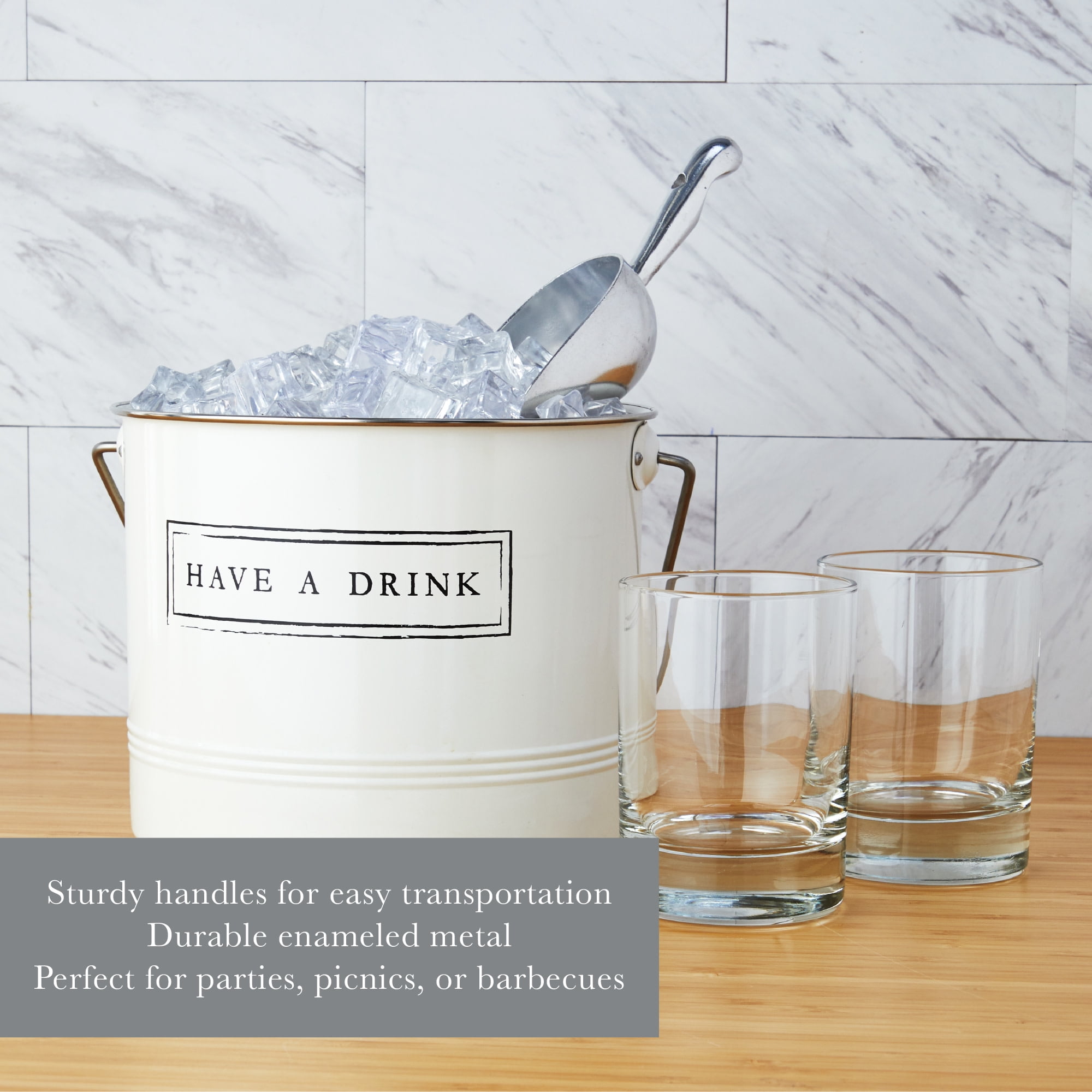 Twine "Have A Drink" Metal Ice Bucket and Scooper, Outdoor Party, 1 Gallon