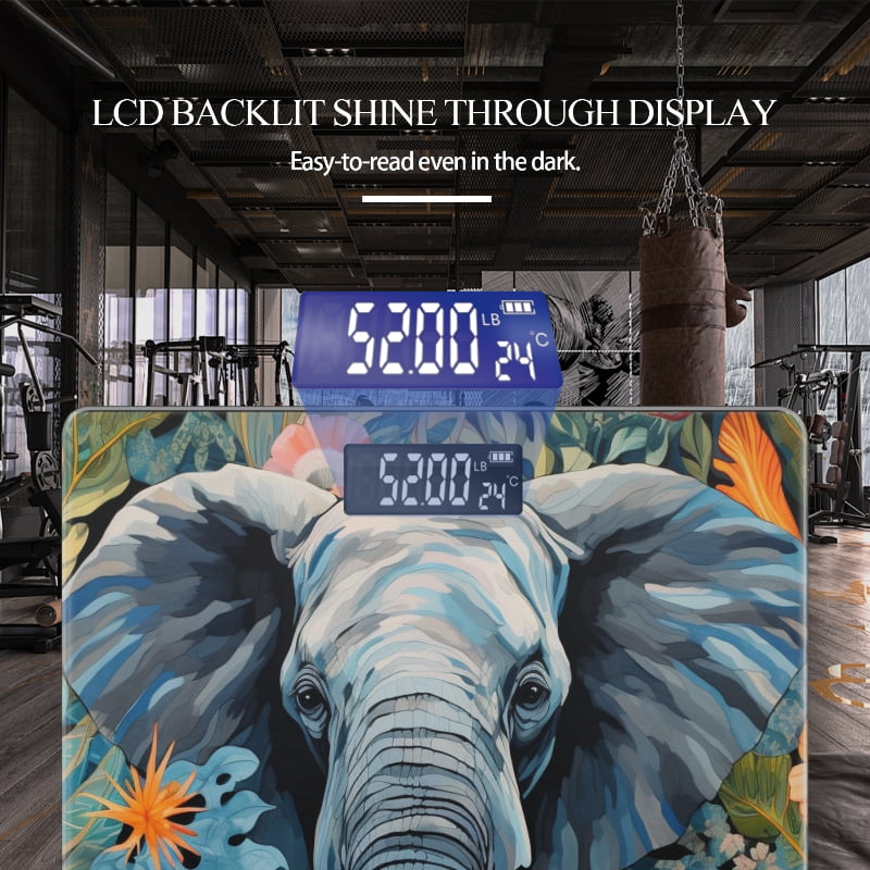 Bathroom Scale, Highly Accurate Digital Body Scale,Precisely Measures Weight up to 400 lbs-Blue Elephant With White Tusks Surrounded By Vibrant Tropical Flowers