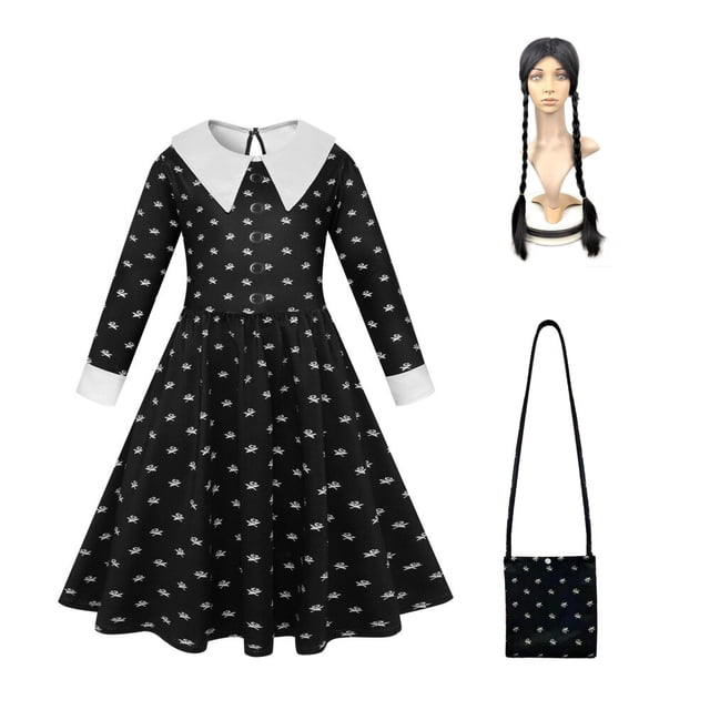 Wednesday Adams Cosplay Vestidos negros Traje de cuello blanco Trajes Niñas Vintage Negro Gótico Fiesta temática de Halloween Ropa 3T (Etiqueta 110) Gao Jinjia LED