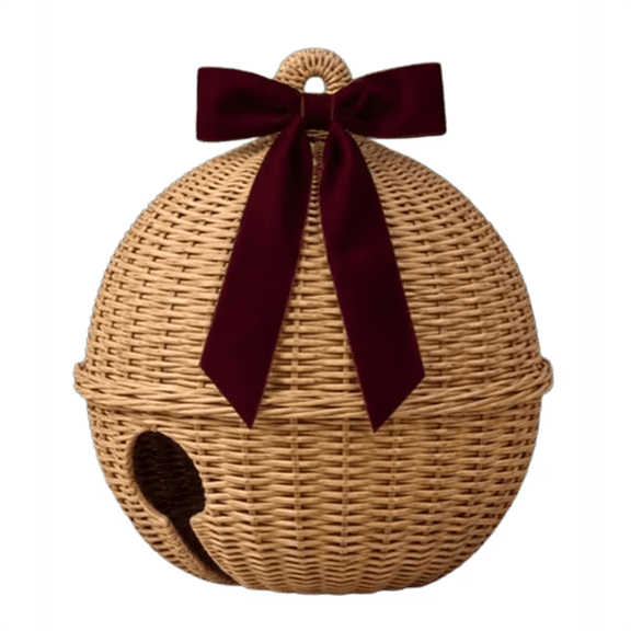 Woven Christmas Bell with Bow Ornament, Wicker Jingle Bell Shaped Natural Rattan Tabletop Decor for Outdoor Indoor Decoration
