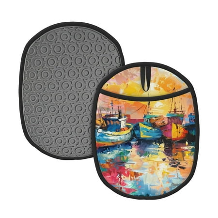 

Tebeau Colorful Fishing Boats Print Silicone Pot Holders Multi-Purpose Hot Pads for Kitchen Trivets Potholders Oven Mitts for Baking Cooking Hot Dishes Pans Heat Resistant
