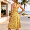 thumbnail image 4 of Sleeveless Halter Bohemian Dress Floral Pocket Elastic Waist Pleated Casual Skirt Yellow XXL, 4 of 6