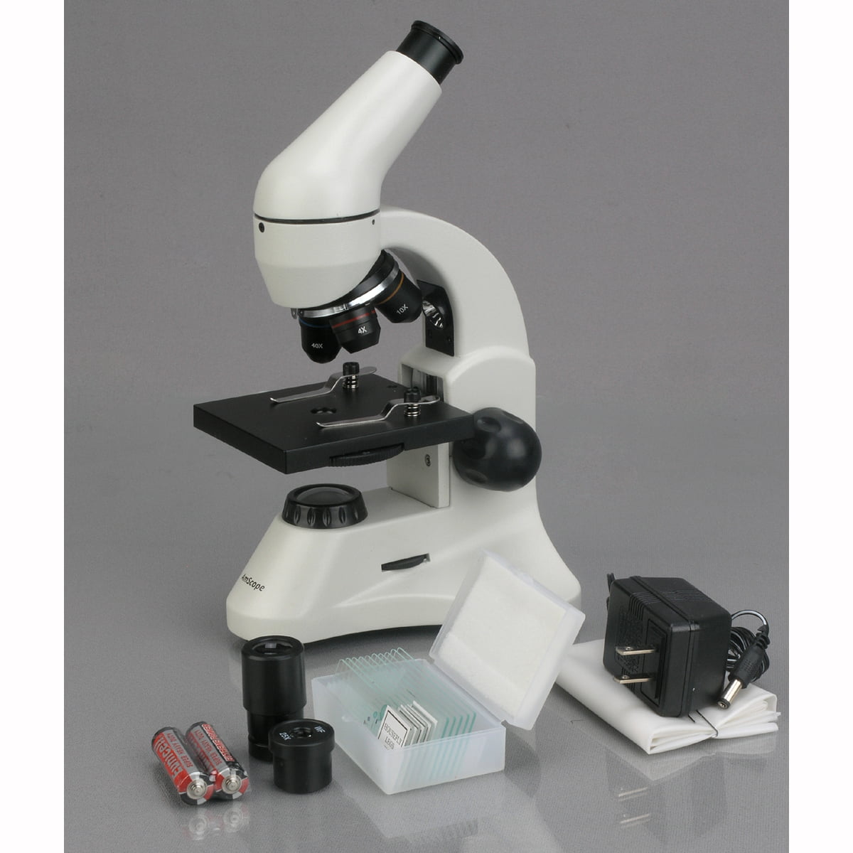 Upper and Lower LED Illumination and Introductory Microscopy Book 40x-800x Magnification WF10x and WF20x Eyepieces Plain Stage Brightfield Includes Blank and Prepared Slides AmScope M120B-2L-PB10 Compound Monocular Microscope 