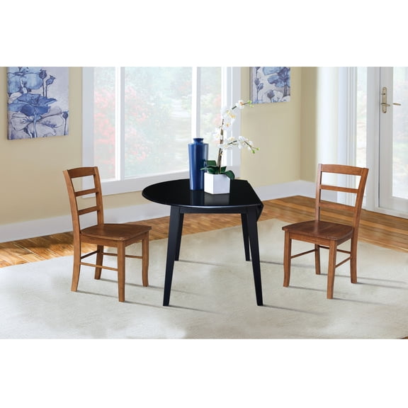 42" Round Solid Wood Dual Drop Leaf Table with 2 Chairs in Black