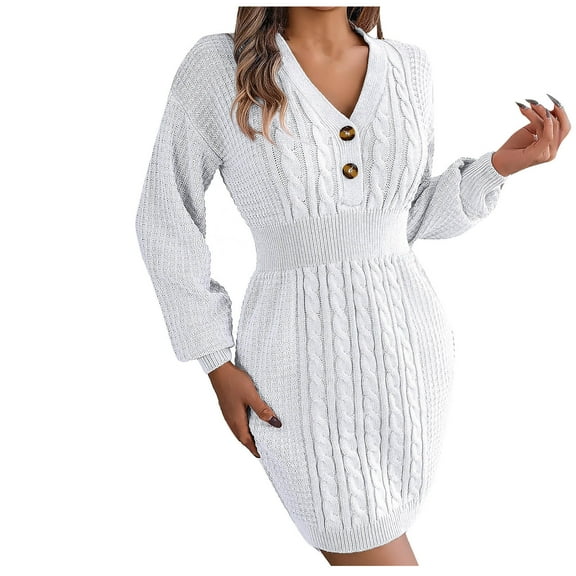 IROINNID Sweater Dress for Women Long Sleeve Dress V-Neck Button Solid Outing Dresses,White