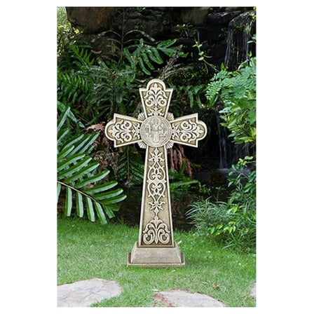 Avalon Saint Benedict of Nursia Stoneresin Garden Cross Statue, 24 Inch