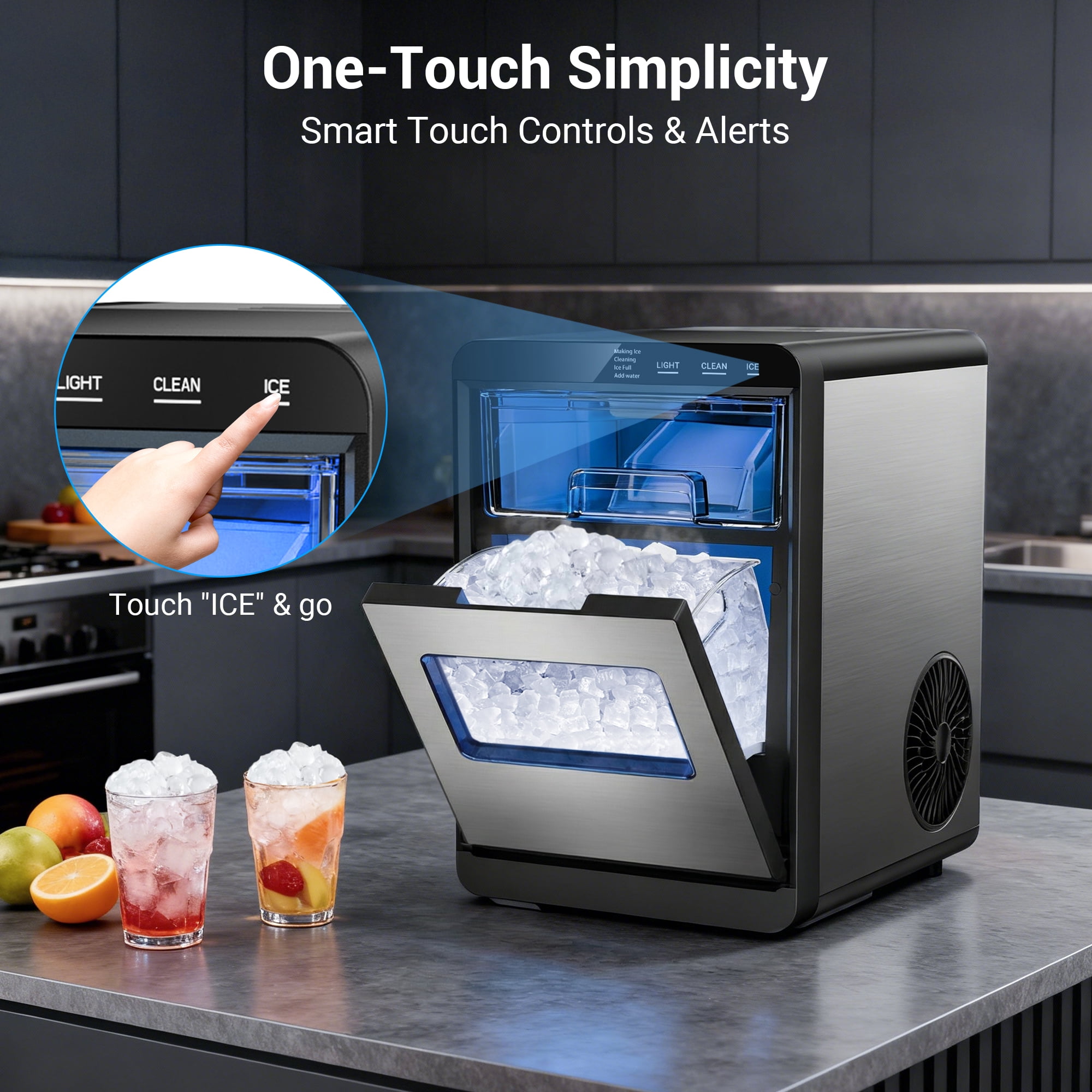 Snowyermine Nugget Ice Maker Countertop, 44lbs per Day Chewable Pebble Nugget Ice Machine with Touch Screen for Home, Kitchen, Office, Stainless Steel, Silver