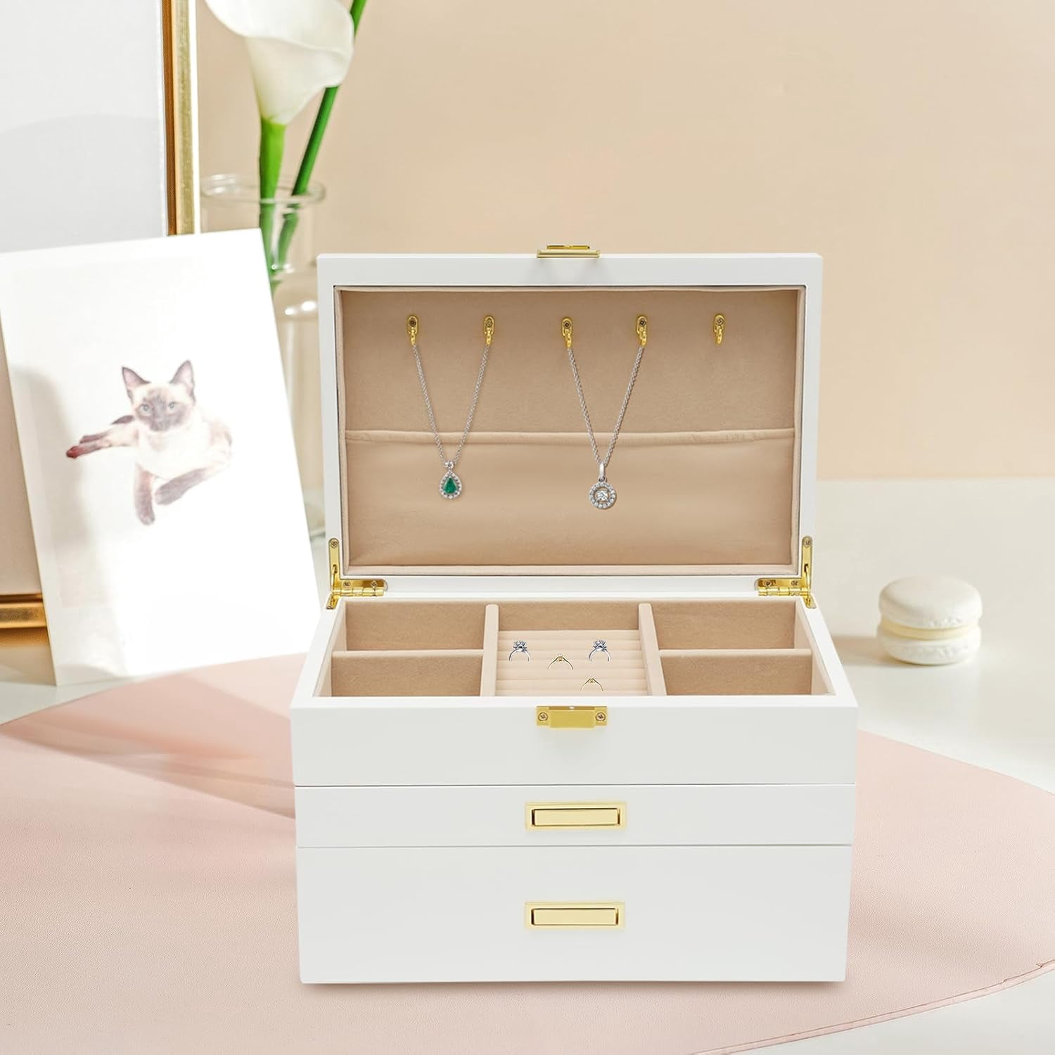 Women 3 Layers Wooden Jewelry Box for Jewelry Organizer Drawer Jewelry Display Box with Soft Velvet Lining for Ring Necklace Earring Bracelet (White)