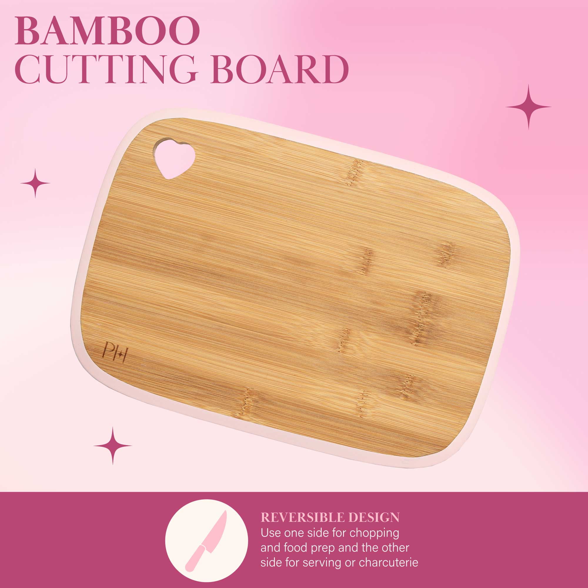 Paris Hilton 7-Piece Reversible Bamboo Heart Cutting Board and Stainless Steel Cutlery Set, Pink