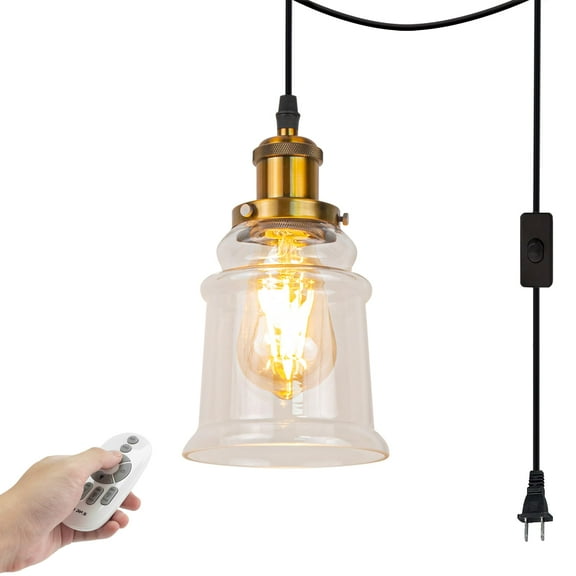 Kiven Plug in Iron Pendant Light, Hanging Pendant with Remote Control and 15FT Plug-in Cord, Dimmable Hanging Pendant for Bedroom Hallway Foyer Kitchen Island, Gold Finish
