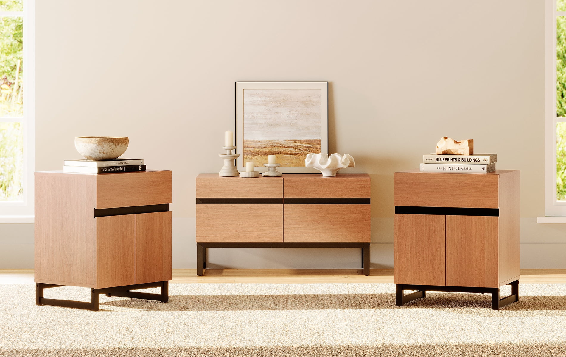 Modern 3-Piece Living Room Set, 35 Inch TV Stand And 2 End Table Sets With Drawers, Media Console with Storage Shelves, Sturdy Wood Frame & Metal Legs, Contemporary Furniture for Living Room,Mocha