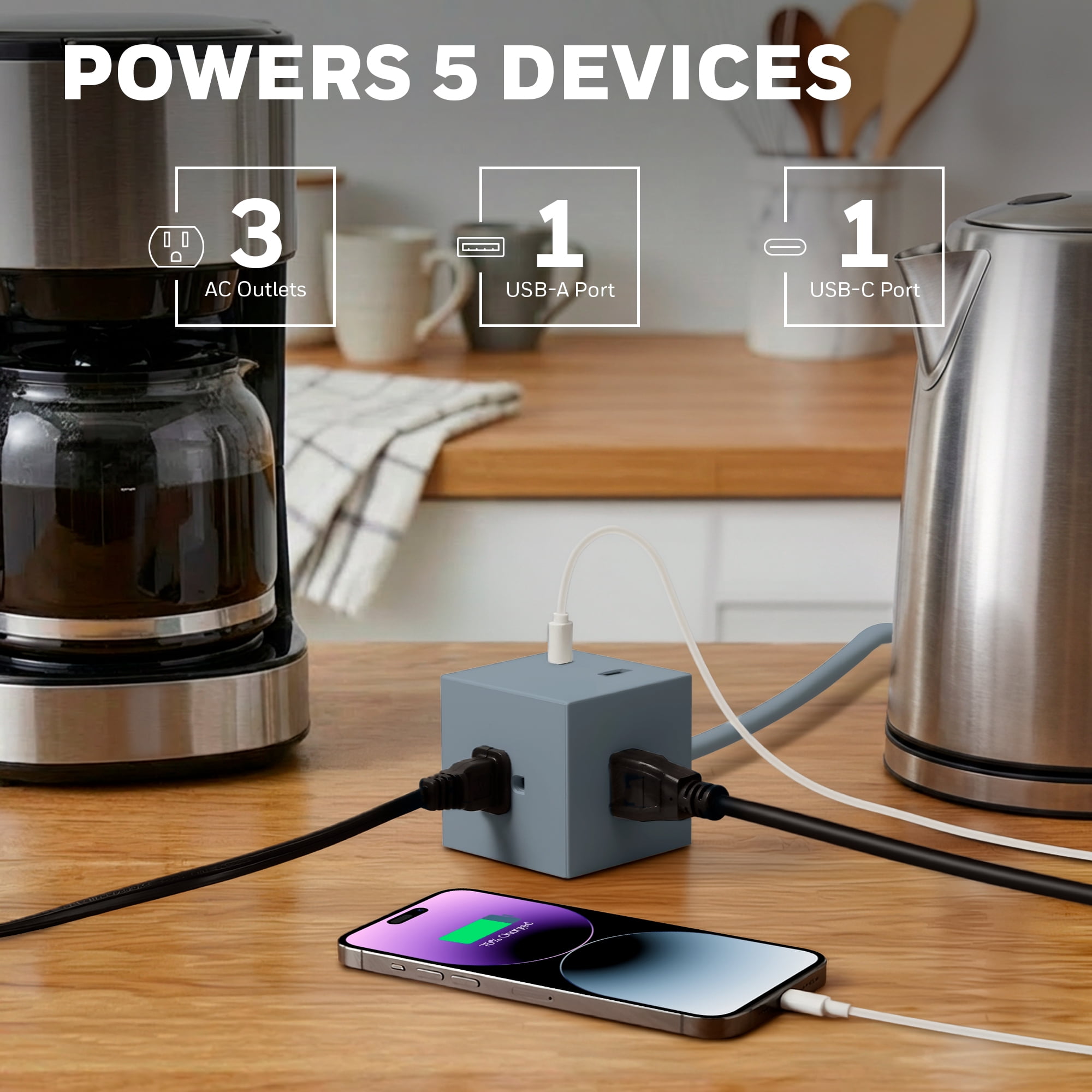 Honeywell 3 AC Outlets + 2 USB Ports Power Cube in Steel Blue with Surge Protection Compatible with Smart Control Systems