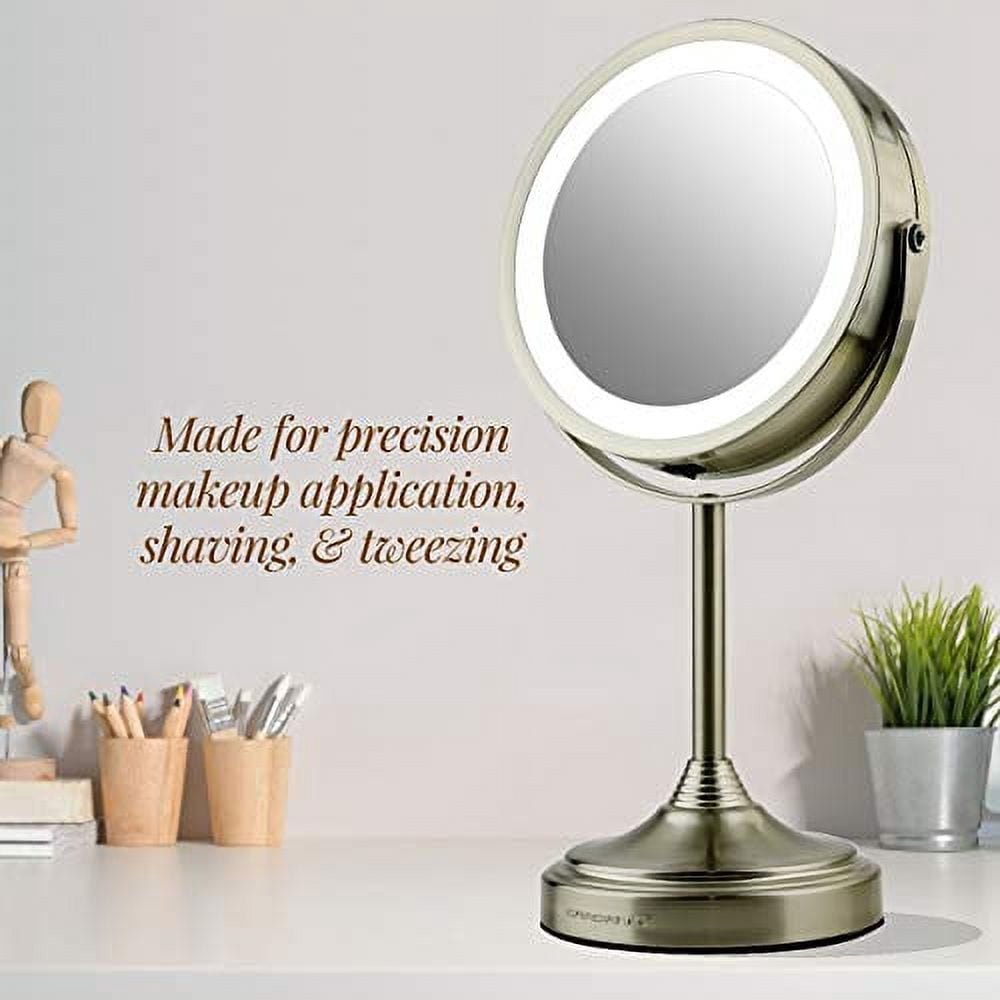 Ovente LED Lighted Tabletop Cosmetic Mirror, 7 Inch, Dual-Sided 1x/7x Magnification, Rechargeable & Wireless, Nickel Brushed (MCTR70BR1X7X)