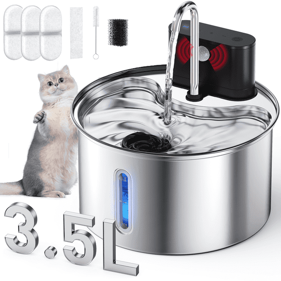 Cat Water Fountain, 3.5L Automatic Stainless Steel Pet Fountain Dog Water Dispenser for Cats, Dogs, Multiple Pets, 118oz/0.92Gal,