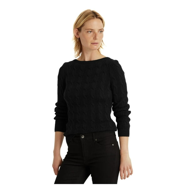 RALPH LAUREN Womens Black Ribbed Cable Knit Long Sleeve Round Neck Sweater  L 
