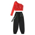 thumbnail image 3 of Alvivi Kids Girls Jazz Hip Hop Dance Outfits One Shoulder Crop Top with Jogger Cargo Pants Set Red 8, 3 of 7