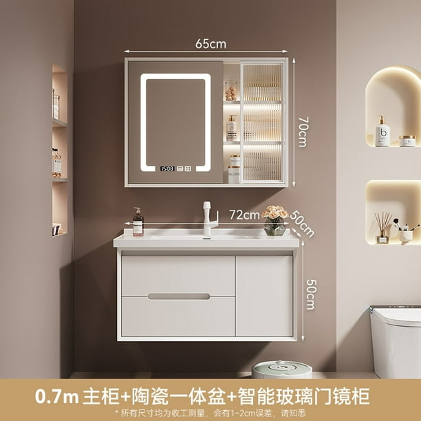 Mueble de baño con lavabo de cerámica de roble moderno, lavabo integrado de madera maciza, puerta con acabado en laca para salón, baño inteligente color crema