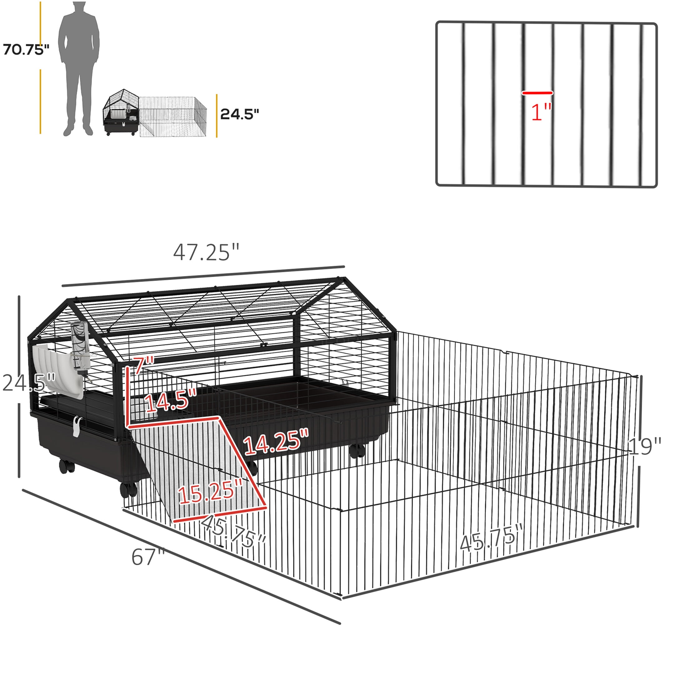 JERFIT 46.5" Small Animal Cage with Playpen, Foldable & Rolling Guinea Pig Hutch with Water Bottle, Food Bowl, Ramps for Rabbits, Hedgehogs