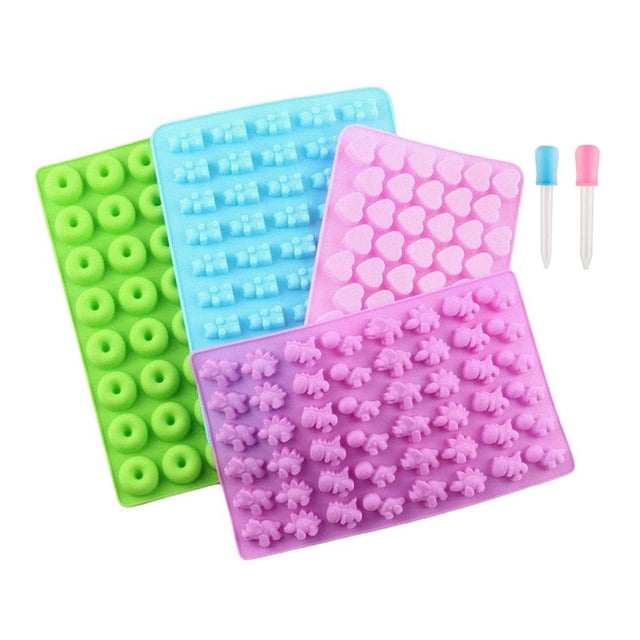 Moldes de silicona para gomitas de ositos, mini moldes para dulces para niños con goteros, forma de donut de dinosaurio y corazón, molde para pastel de fácil liberación