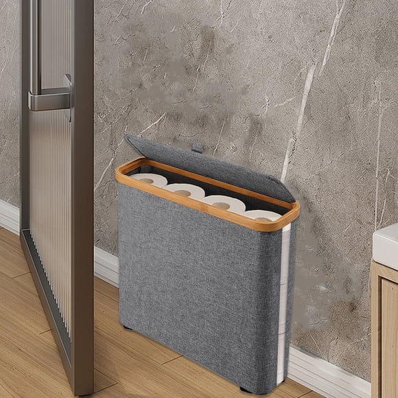 Cesta transparente para papel higiénico | Organizador plegable de tela de hierba con tapa | Capacidad para 12 rollos | Base antideslizante e impermeable | 45 x 15 x 35 cm