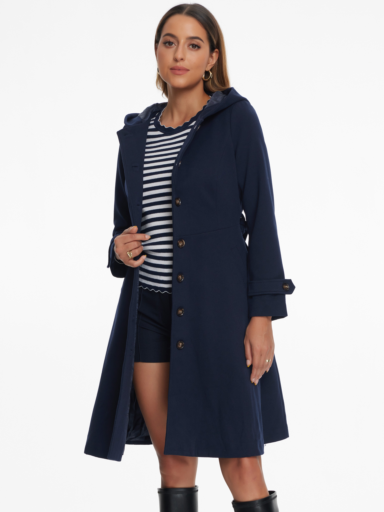 DARING DIVA Women's Single Breasted Belted Outerwear Coat with Pockets Dark Blue S