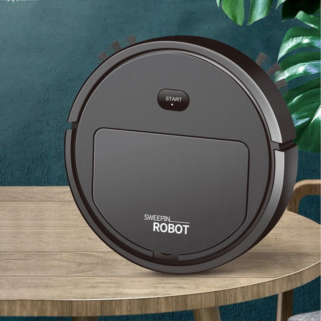 puntoco nuevo robot barredor inteligente que barre y arrastra, máquina aspiradora y fregadora totalmente automática integrada, dispositivo negro en vista frontal centrada sobre mesa circular con botón START y texto SWEEPIN ROBOT; silueta circular con cepillos laterales visibles y tapa superior con acceso, diseñado para succión, barrido y fregado integrados, adecuado para pisos, baldosas y alfombras; paquete incluye barredora, toallitas, cepillo de limpieza y manual; también suele usarse para limpiar debajo de muebles y en rincones estrechos.