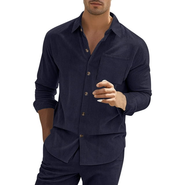 pstuiky camisetas de manga larga para hombre, Camisa de color liso para hombre, de botonadura sencilla, con solapa y manga larga Tops de talla grande para hombre s